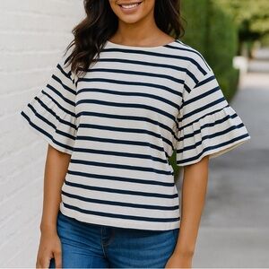 J. Crew Navy & White Striped Ruffle Sleeve Top Size Large